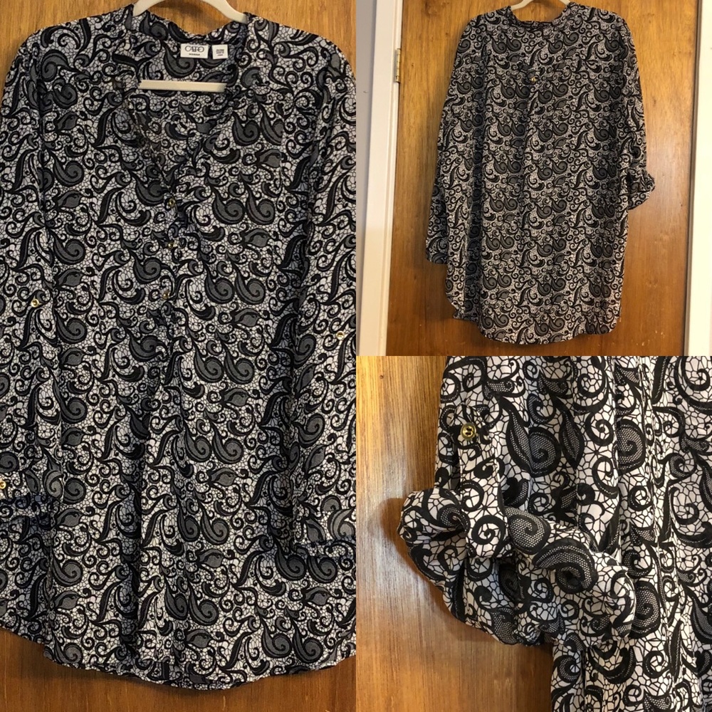 Cato Printed Sheer Blouse 26/28W Black and White